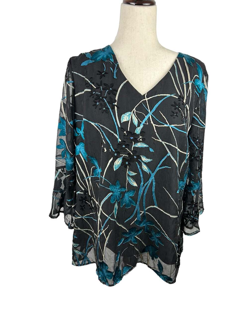 Roz & Ali Sheer Black, Teal and White Top over Black Size L EUC